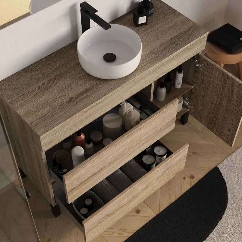 Meuble de salle de bain 120cm avec plateau et vasque à poser ronde - porte et tiroirs - LAZARO