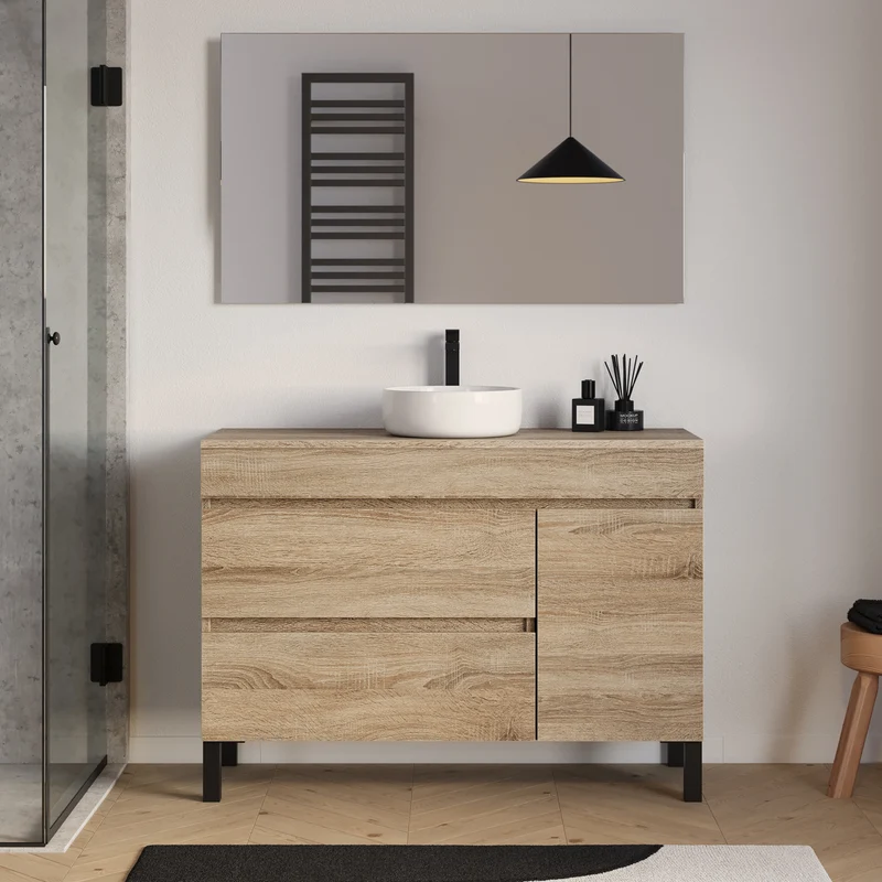 Meuble de salle de bain 120cm avec plateau et vasque à poser ronde - porte et tiroirs - LAZARO