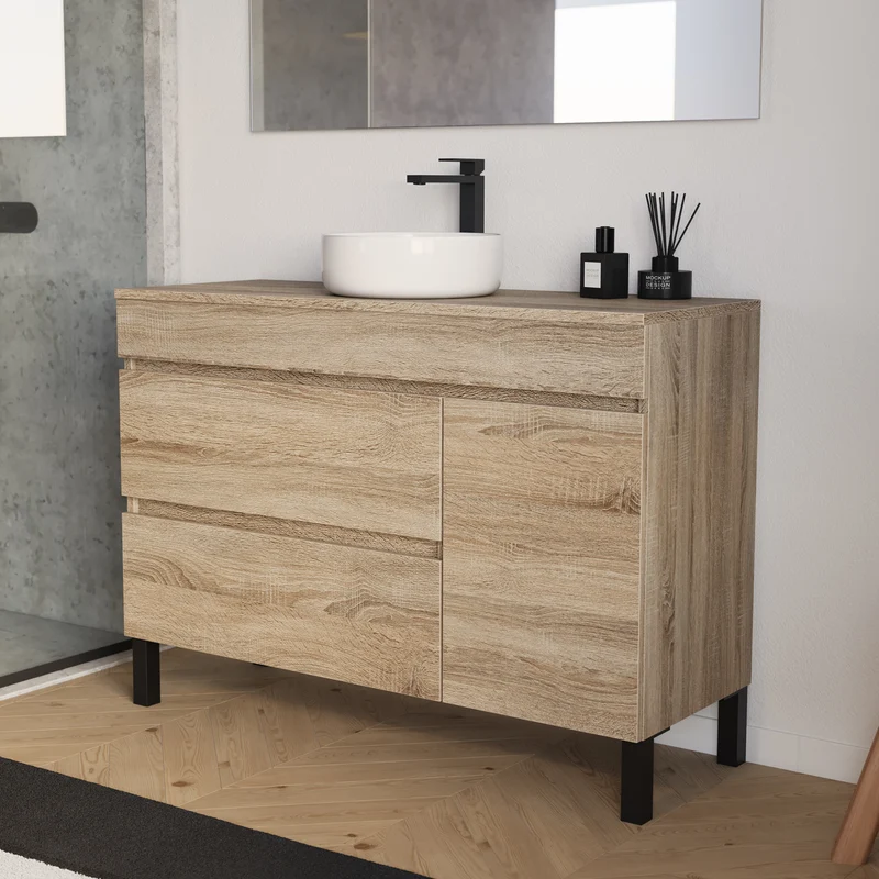 Meuble de salle de bain 120cm avec plateau et vasque à poser ronde - porte et tiroirs - LAZARO