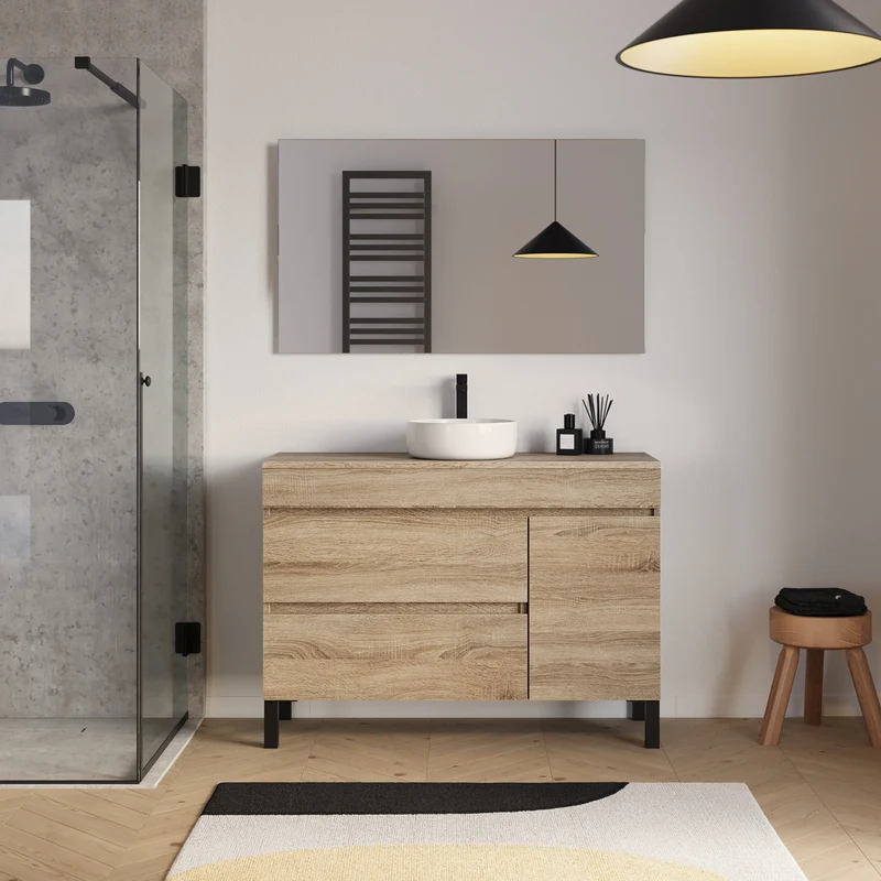 Meuble de salle de bain 120cm avec plateau et vasque à poser ronde - porte et tiroirs - LAZARO