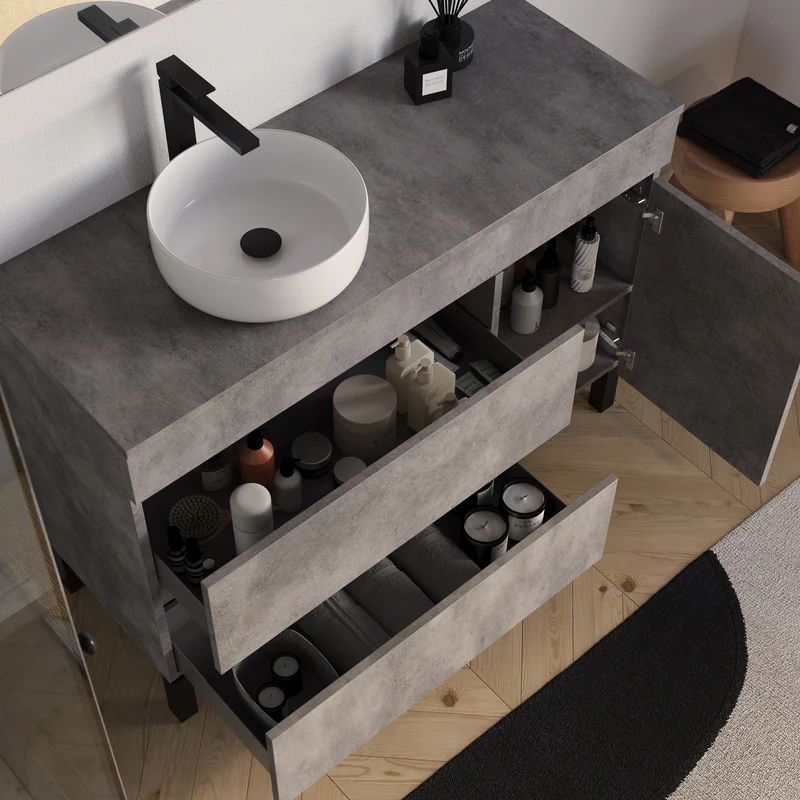 Meuble de salle de bain 120cm avec plateau et vasque à poser ronde - porte et tiroirs - LAZARO
