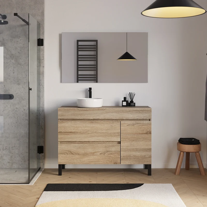 Meuble de salle de bain 120cm avec plateau et vasque à poser ronde - porte et tiroirs - LAZARO