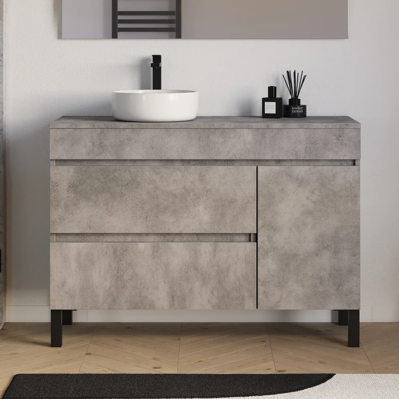Meuble de salle de bain 120cm avec plateau et vasque à poser ronde - porte et tiroirs - LAZARO