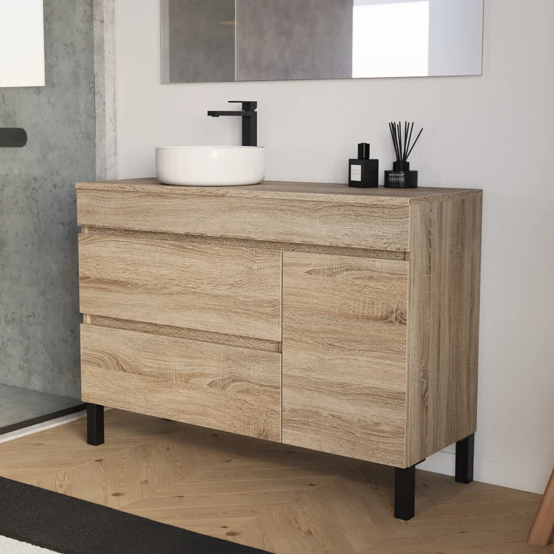 Meuble de salle de bain 120cm avec plateau et vasque à poser ronde - porte et tiroirs - LAZARO
