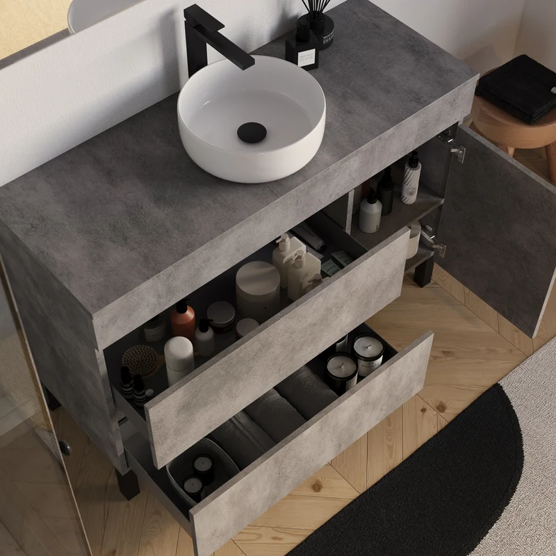 Meuble de salle de bain 120cm avec plateau et vasque à poser ronde - porte et tiroirs - LAZARO