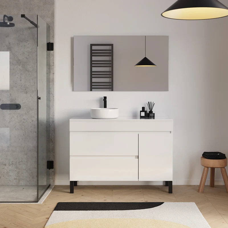 Meuble de salle de bain 120cm avec plateau et vasque à poser ronde - porte et tiroirs - LAZARO