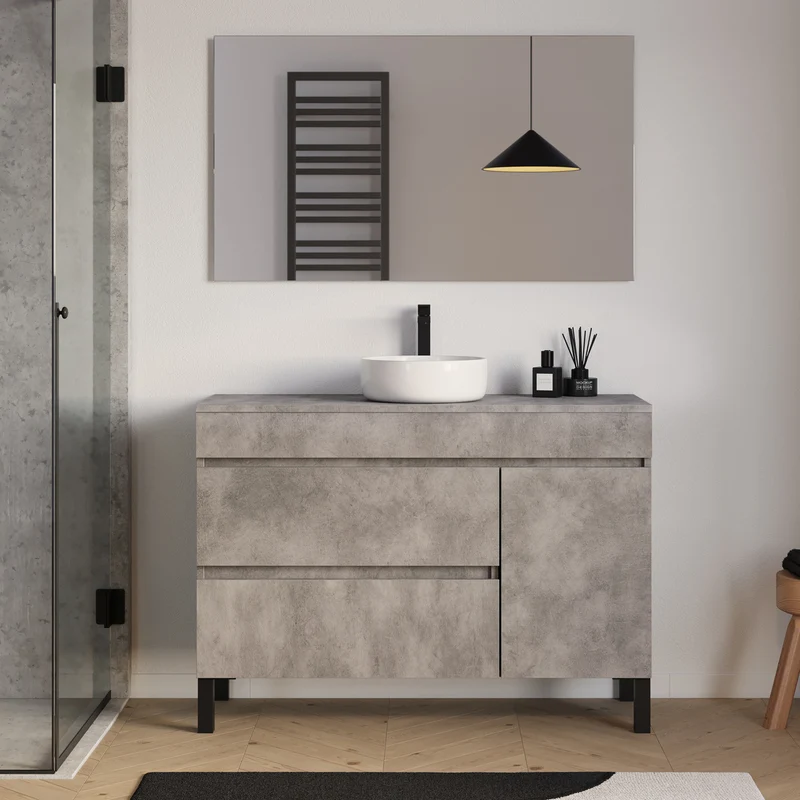 Meuble de salle de bain 120cm avec plateau et vasque à poser ronde - porte et tiroirs - LAZARO