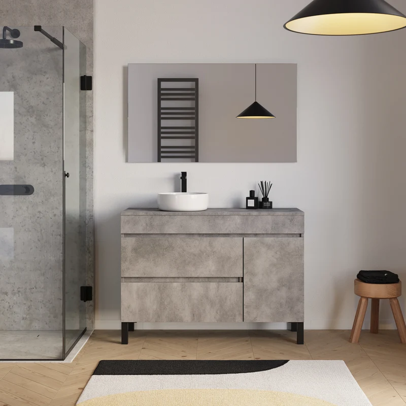 Meuble de salle de bain 120cm avec plateau et vasque à poser ronde - porte et tiroirs - LAZARO