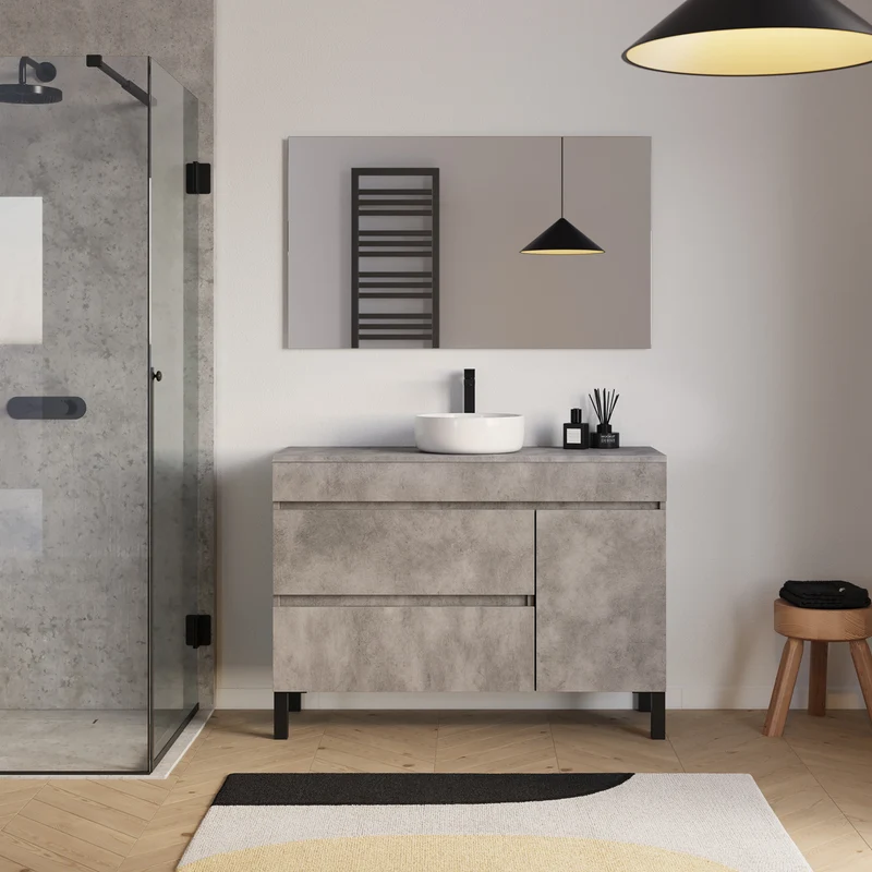 Meuble de salle de bain 120cm avec plateau et vasque à poser ronde - porte et tiroirs - LAZARO