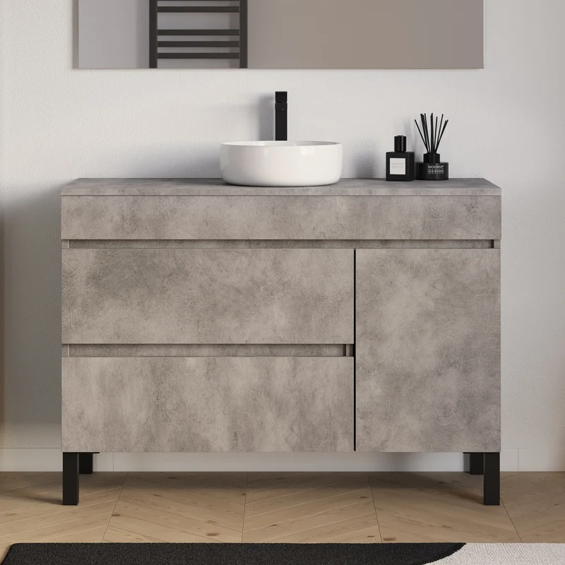 Meuble de salle de bain 120cm avec plateau et vasque à poser ronde - porte et tiroirs - LAZARO