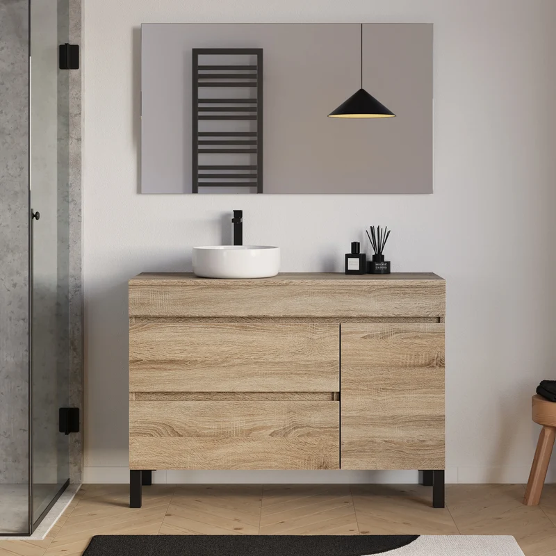 Meuble de salle de bain 120cm avec plateau et vasque à poser ronde - porte et tiroirs - LAZARO