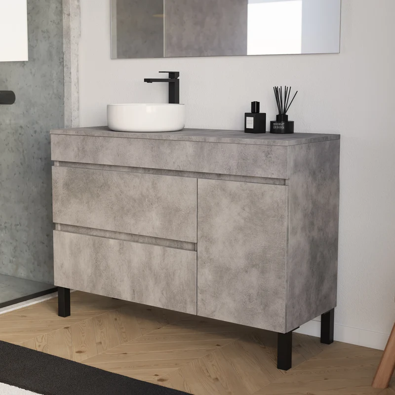 Meuble de salle de bain 120cm avec plateau et vasque à poser ronde - porte et tiroirs - LAZARO