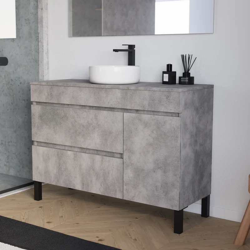 Meuble de salle de bain 120cm avec plateau et vasque à poser ronde - porte et tiroirs - LAZARO