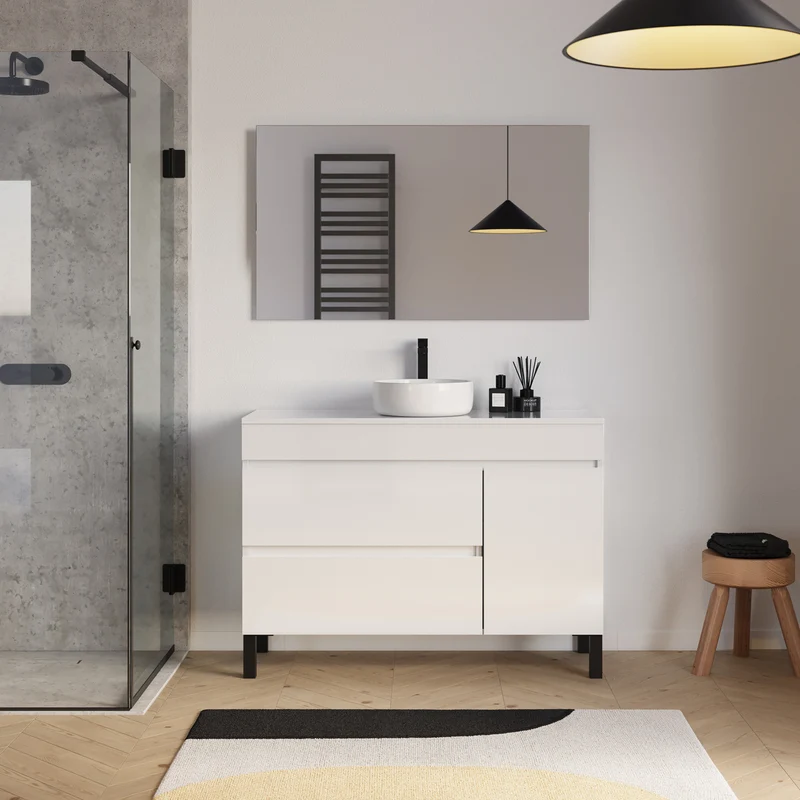 Meuble de salle de bain 120cm avec plateau et vasque à poser ronde - porte et tiroirs - LAZARO