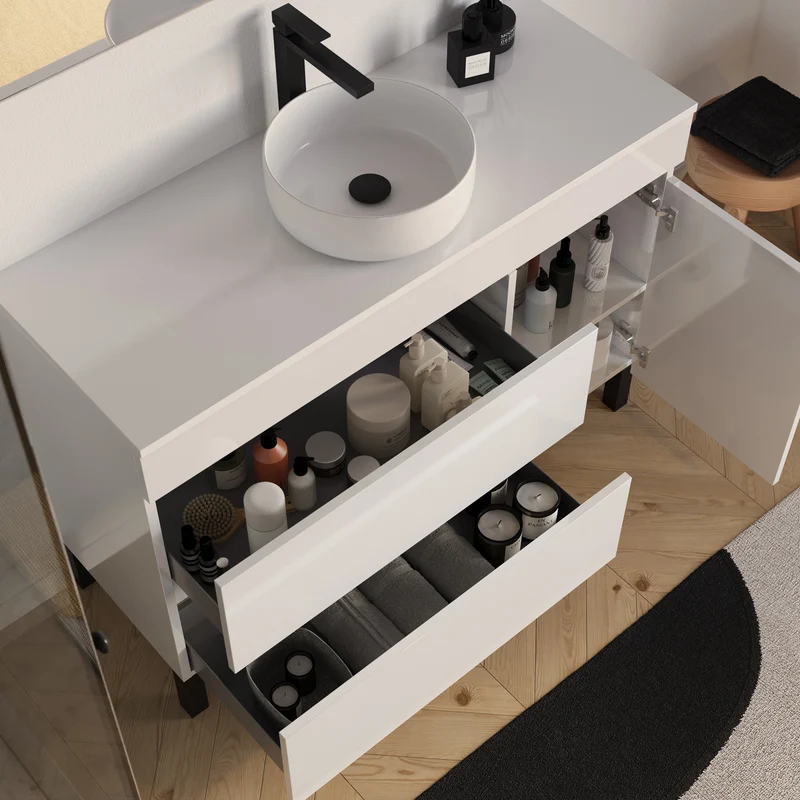 Meuble de salle de bain 120cm avec plateau et vasque à poser ronde - porte et tiroirs - LAZARO