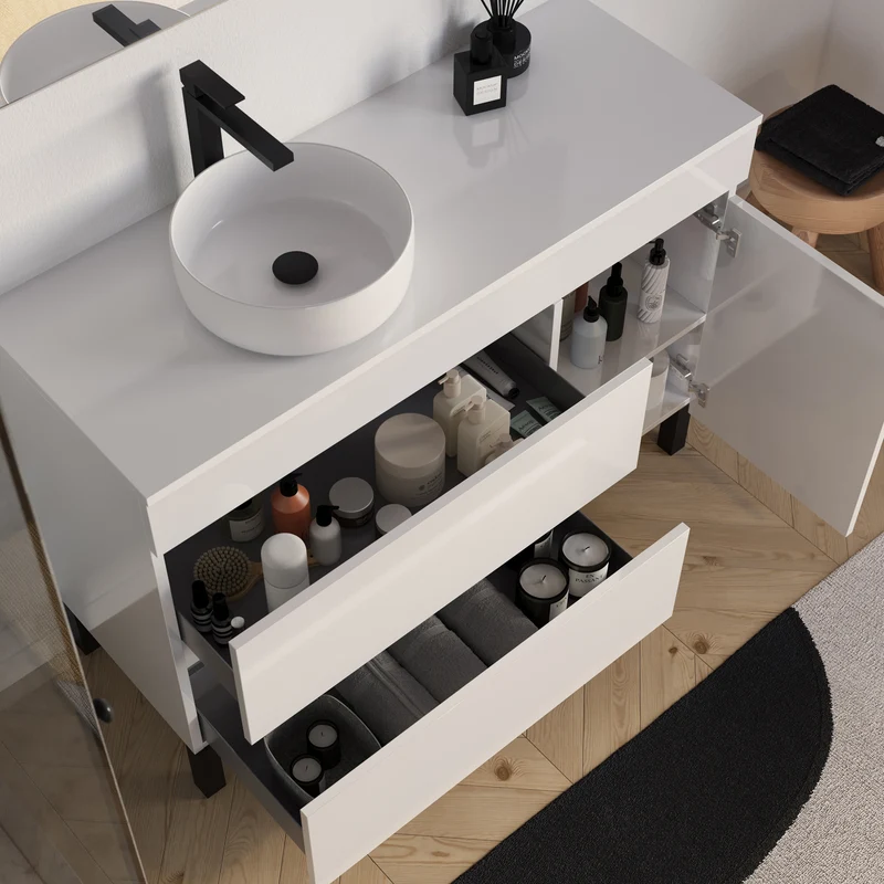Meuble de salle de bain 120cm avec plateau et vasque à poser ronde - porte et tiroirs - LAZARO