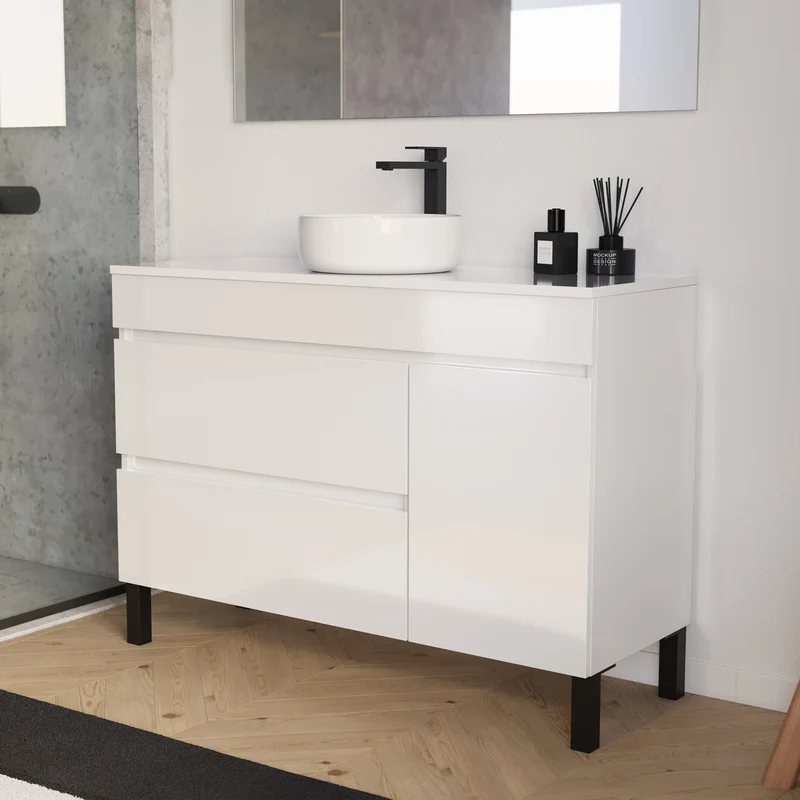 Meuble de salle de bain 120cm avec plateau et vasque à poser ronde - porte et tiroirs - LAZARO