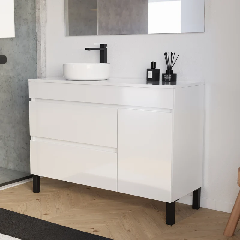 Meuble de salle de bain 120cm avec plateau et vasque à poser ronde - porte et tiroirs - LAZARO