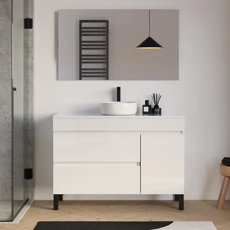 Meuble de salle de bain 120cm avec plateau et vasque à poser ronde - porte et tiroirs - LAZARO