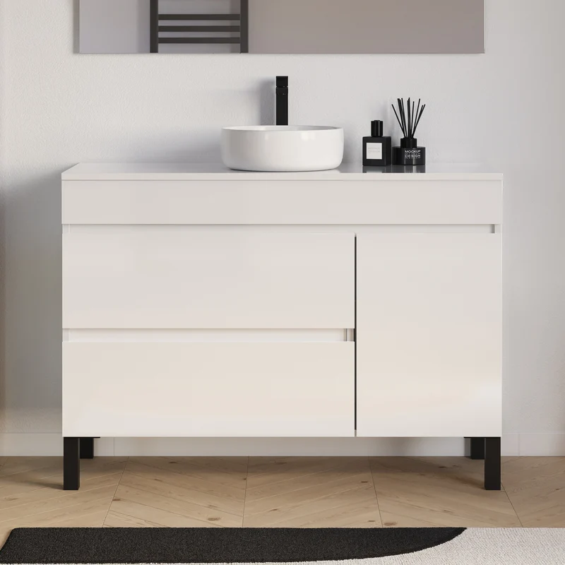 Meuble de salle de bain 120cm avec plateau et vasque à poser ronde - porte et tiroirs - LAZARO