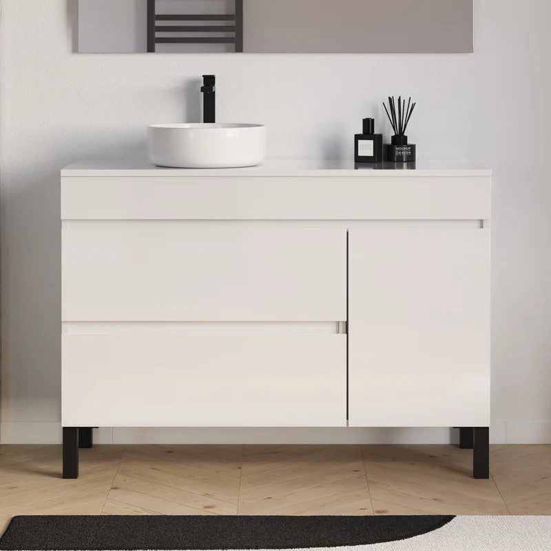 Meuble de salle de bain 120cm avec plateau et vasque à poser ronde - porte et tiroirs - LAZARO