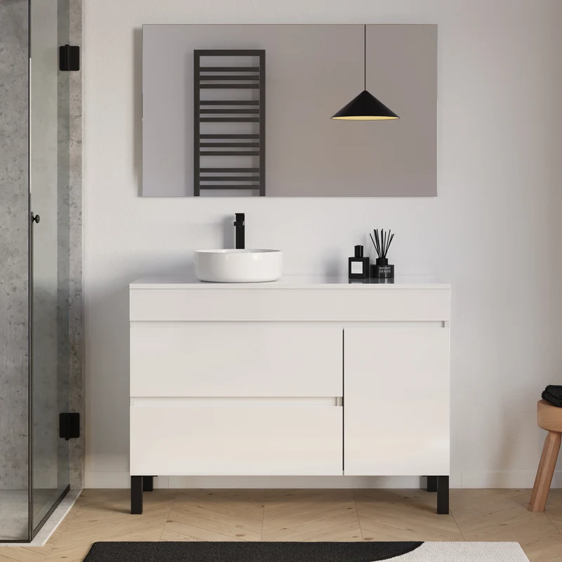 Meuble de salle de bain 120cm avec plateau et vasque à poser ronde - porte et tiroirs - LAZARO