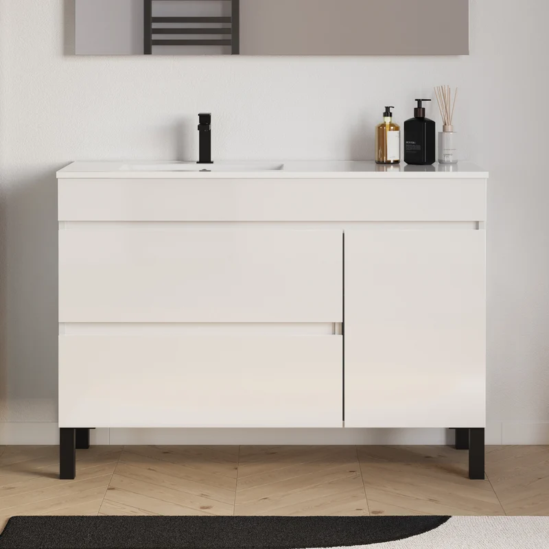 Meuble de salle de bain 120cm sur pieds avec vasque déportée à gauche avec porte et tiroirs - LAZARO