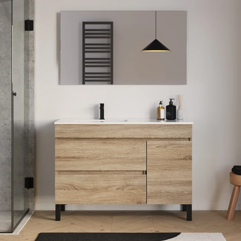 Meuble de salle de bain 120cm sur pieds avec vasque déportée à gauche avec porte et tiroirs - LAZARO