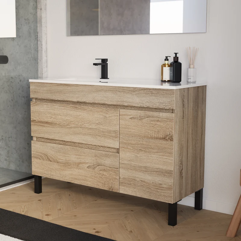 Meuble de salle de bain 120cm sur pieds avec vasque déportée à gauche avec porte et tiroirs - LAZARO