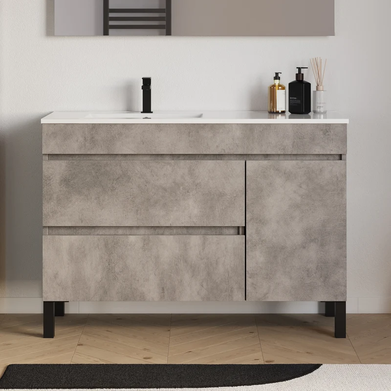 Meuble de salle de bain 120cm sur pieds avec vasque déportée à gauche avec porte et tiroirs - LAZARO