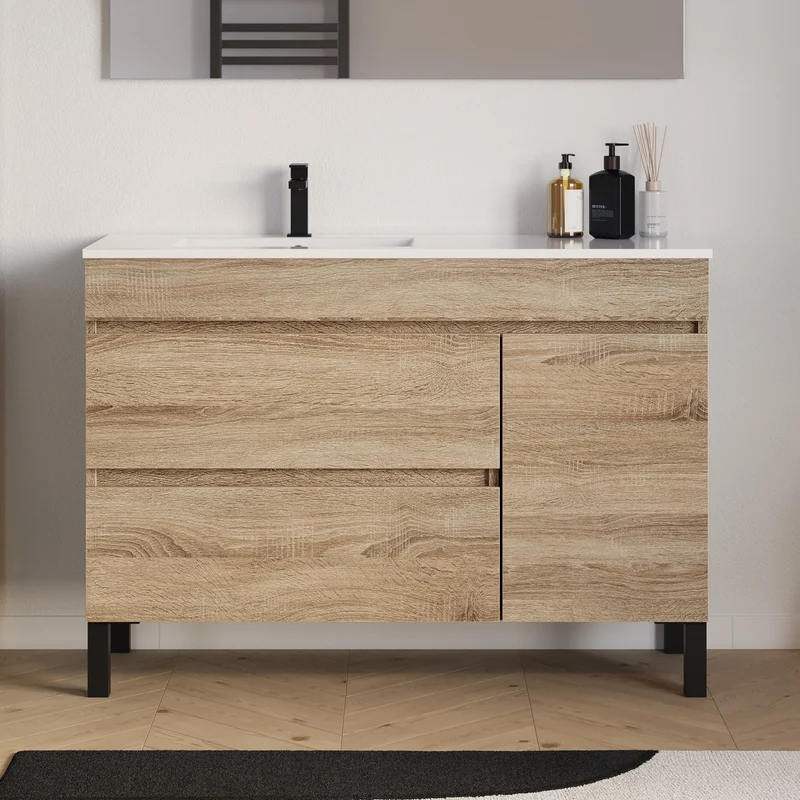 Meuble de salle de bain 120cm sur pieds avec vasque déportée à gauche avec porte et tiroirs - LAZARO