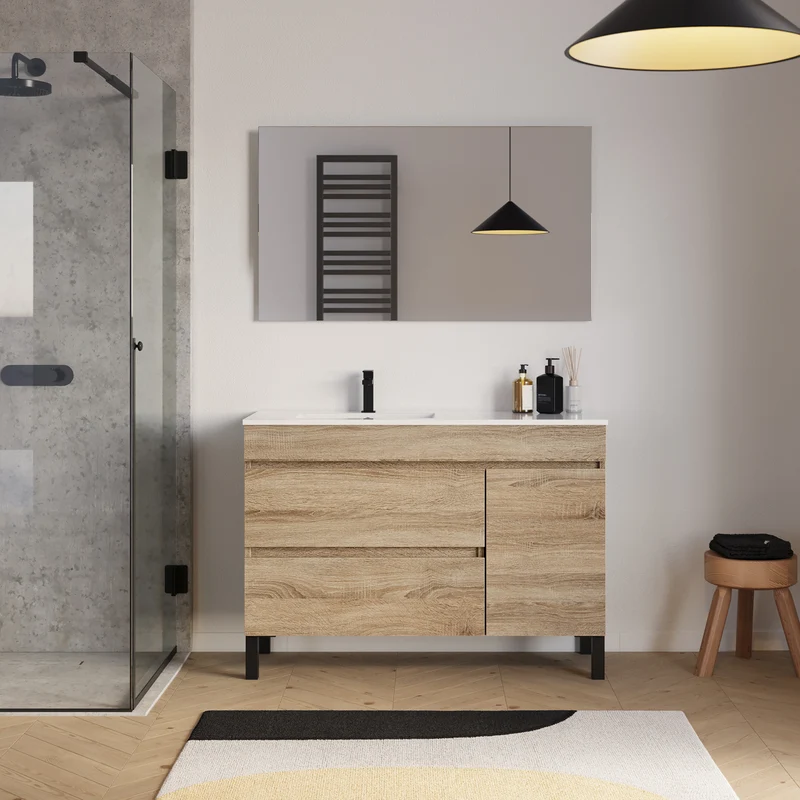 Meuble de salle de bain 120cm sur pieds avec vasque déportée à gauche avec porte et tiroirs - LAZARO