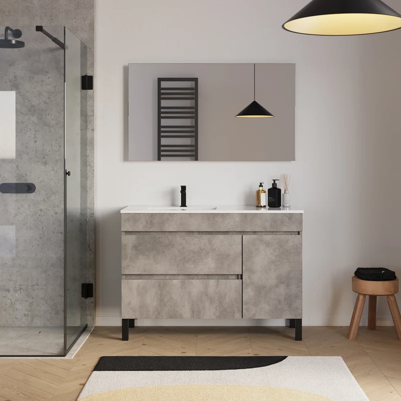 Meuble de salle de bain 120cm sur pieds avec vasque déportée à gauche avec porte et tiroirs - LAZARO