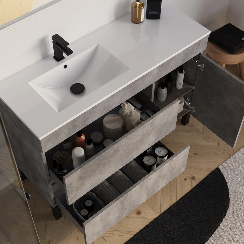 Meuble de salle de bain 120cm sur pieds avec vasque déportée à gauche avec porte et tiroirs - LAZARO