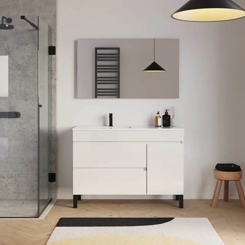 Meuble de salle de bain 120cm sur pieds avec vasque déportée à gauche avec porte et tiroirs - LAZARO
