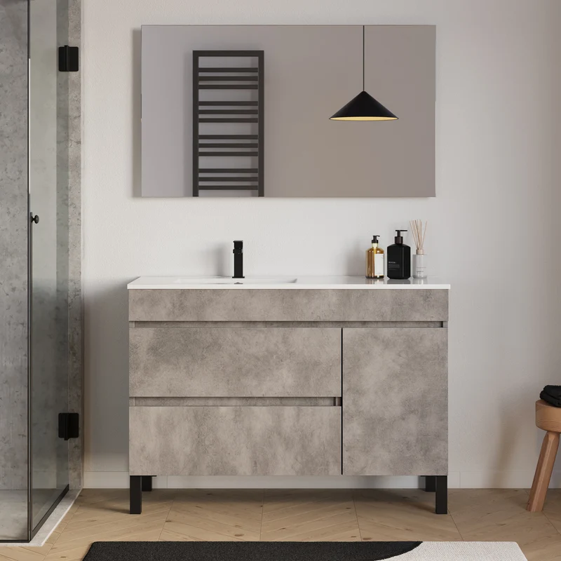 Meuble de salle de bain 120cm sur pieds avec vasque déportée à gauche avec porte et tiroirs - LAZARO