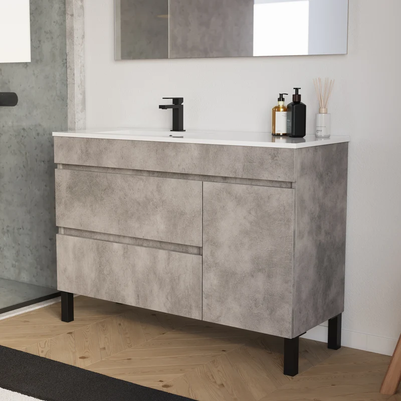 Meuble de salle de bain 120cm sur pieds avec vasque déportée à gauche avec porte et tiroirs - LAZARO
