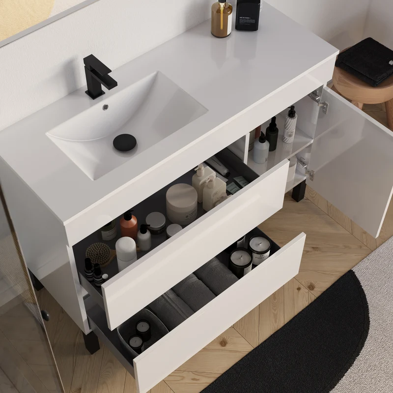 Meuble de salle de bain 120cm sur pieds avec vasque déportée à gauche avec porte et tiroirs - LAZARO