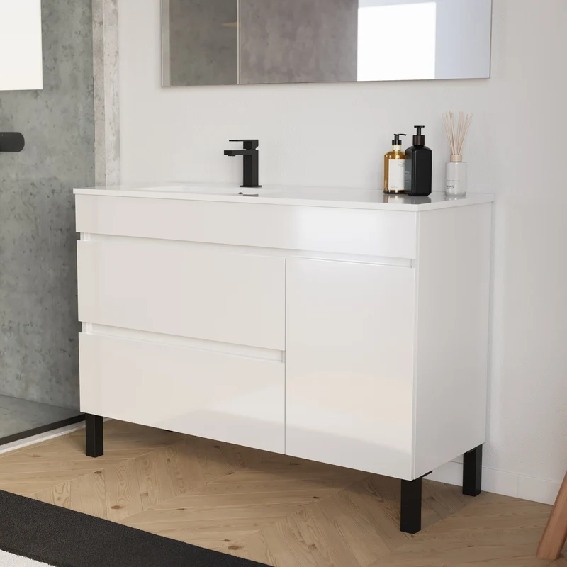 Meuble de salle de bain 120cm sur pieds avec vasque déportée à gauche avec porte et tiroirs - LAZARO
