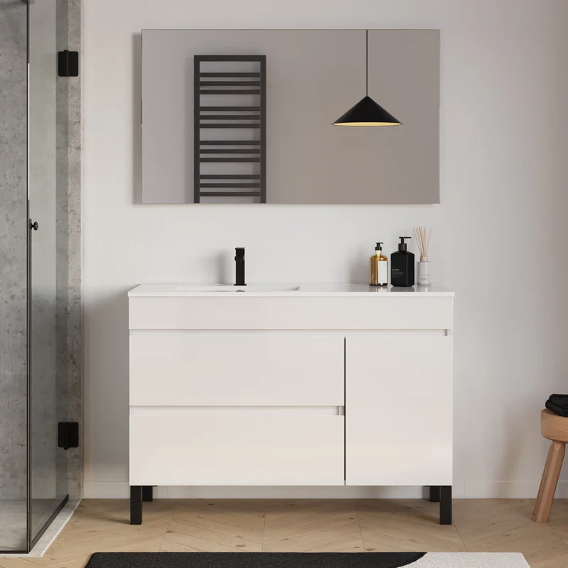 Meuble de salle de bain 120cm sur pieds avec vasque déportée à gauche avec porte et tiroirs - LAZARO