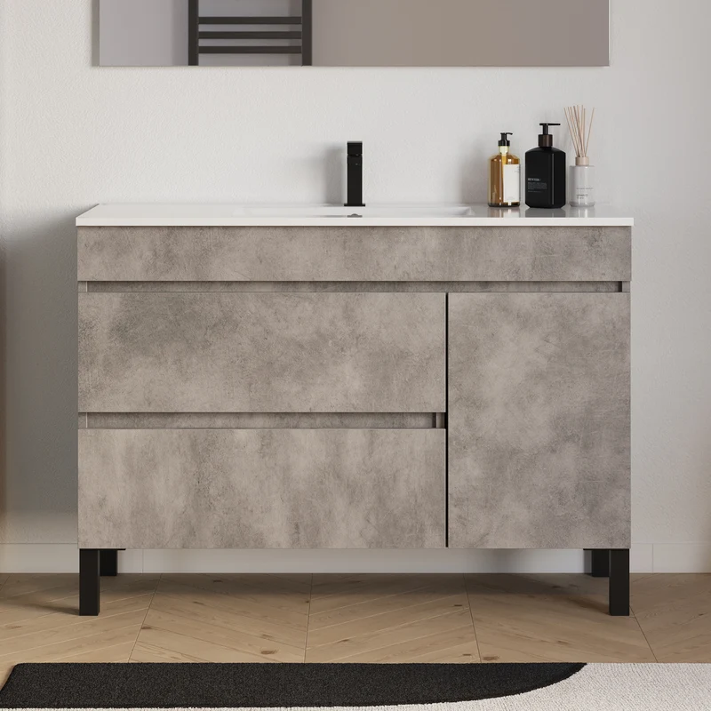 Meuble de salle de bain 120cm simple vasque sur pieds avec porte et tiroirs - sans miroir - LAZARO