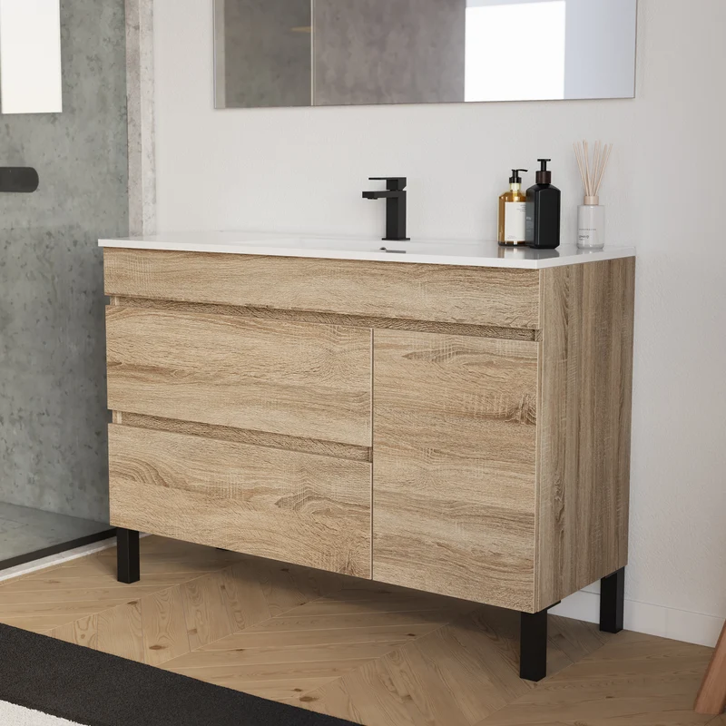 Meuble de salle de bain 120cm simple vasque sur pieds avec porte et tiroirs - sans miroir - LAZARO