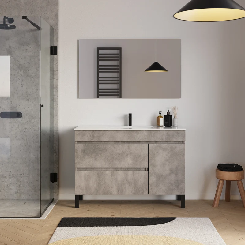Meuble de salle de bain 120cm simple vasque sur pieds avec porte et tiroirs - sans miroir - LAZARO