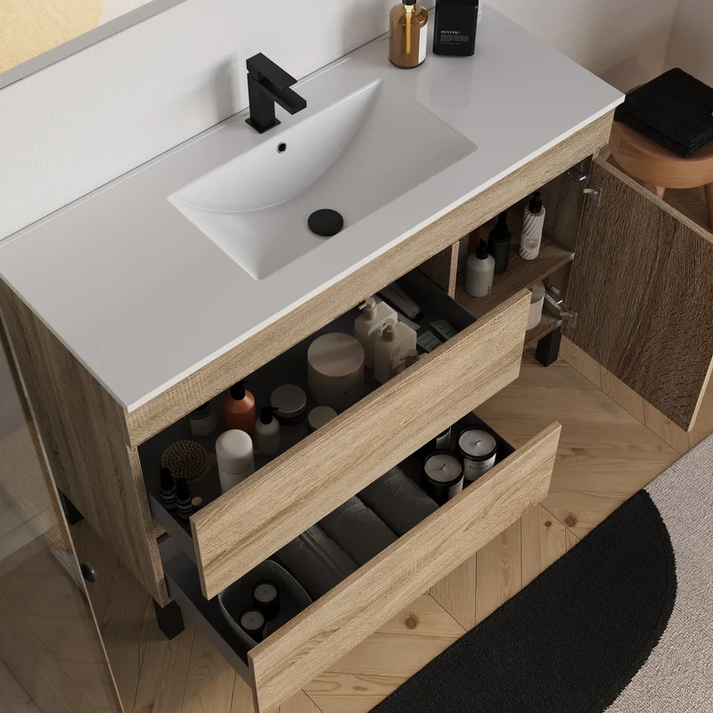 Meuble de salle de bain 120cm simple vasque sur pieds avec porte et tiroirs - sans miroir - LAZARO