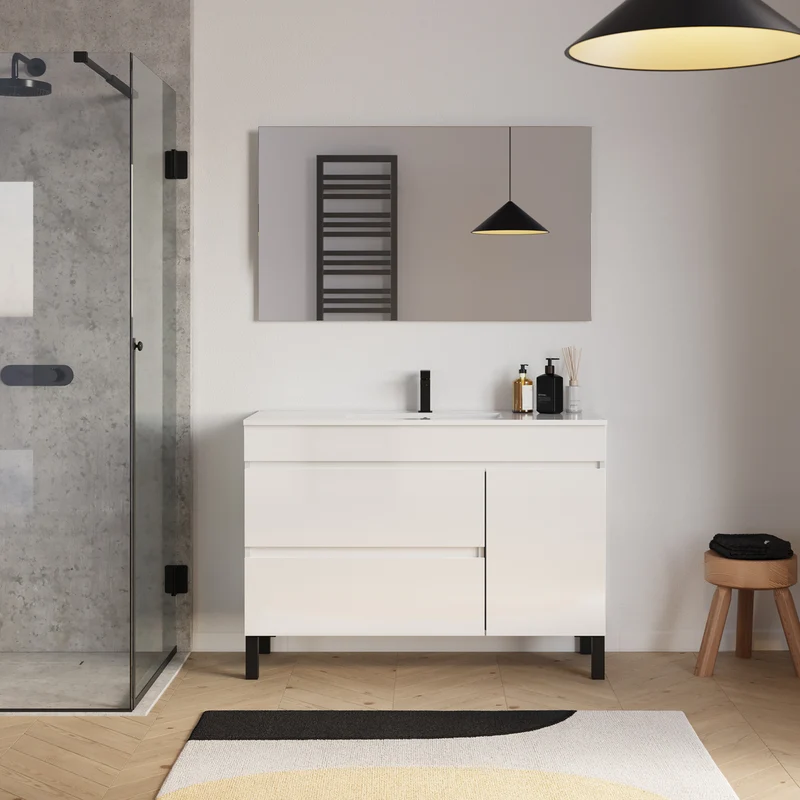 Meuble de salle de bain 120cm simple vasque sur pieds avec porte et tiroirs - sans miroir - LAZARO