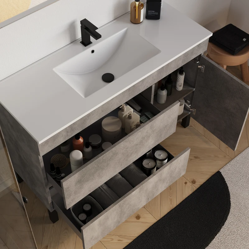 Meuble de salle de bain 120cm simple vasque sur pieds avec porte et tiroirs - sans miroir - LAZARO