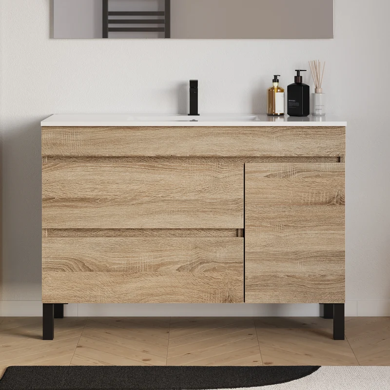 Meuble de salle de bain 120cm simple vasque sur pieds avec porte et tiroirs - sans miroir - LAZARO