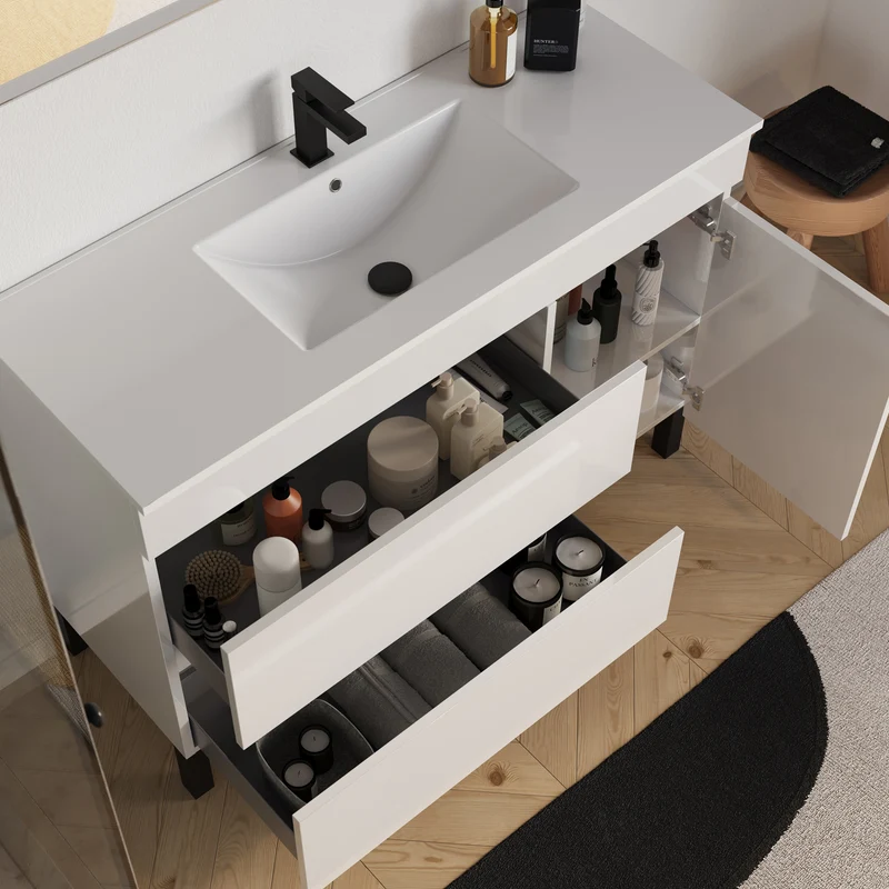 Meuble de salle de bain 120cm simple vasque sur pieds avec porte et tiroirs - sans miroir - LAZARO
