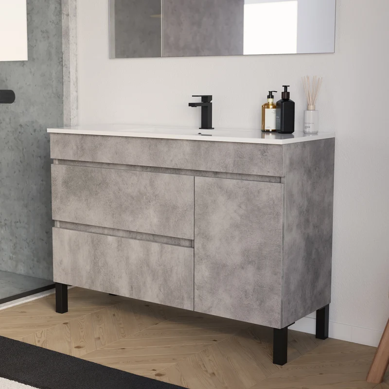 Meuble de salle de bain 120cm simple vasque sur pieds avec porte et tiroirs - sans miroir - LAZARO