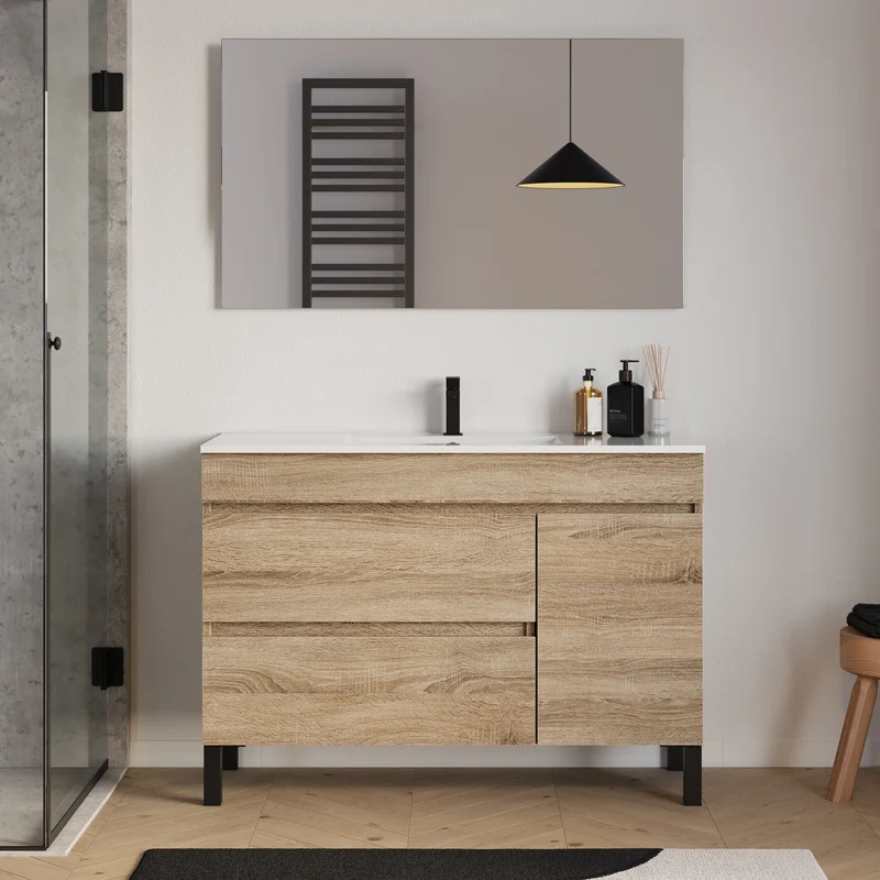 Meuble de salle de bain 120cm simple vasque sur pieds avec porte et tiroirs - sans miroir - LAZARO